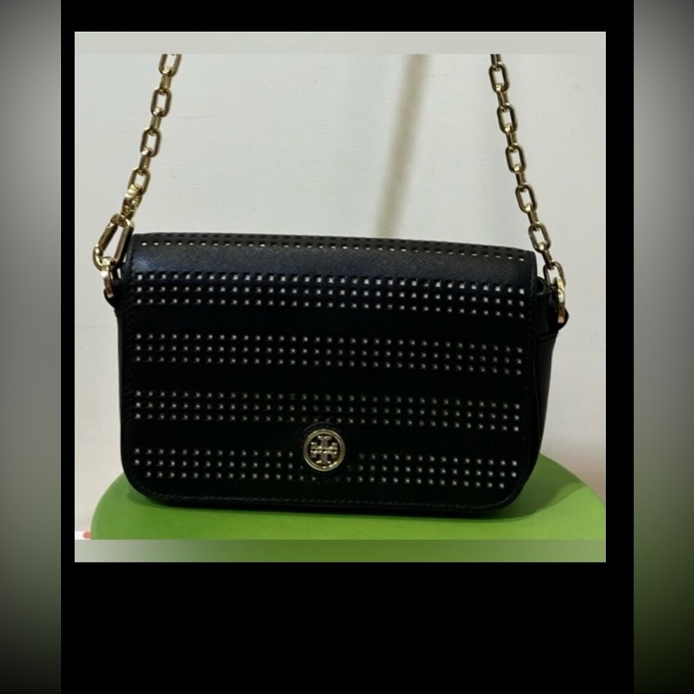 Tory Burch Robinson Black Perforated Saffiano Leather Crossbody Bag 8.75× 5”× 2”
